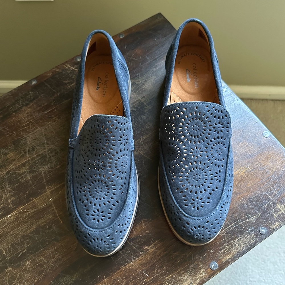 Clarks Women's Navy Perforated Slip-Ons